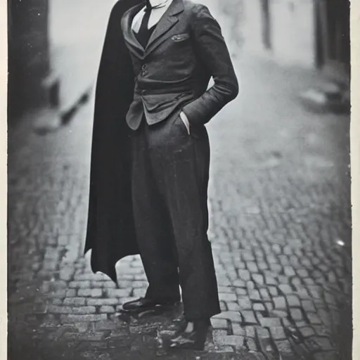 Prompt: old black and white photo portrait, 1 9 2 5, close - up portrait depicting batman standing proudly in alley of new york city, rule of thirds, historical record