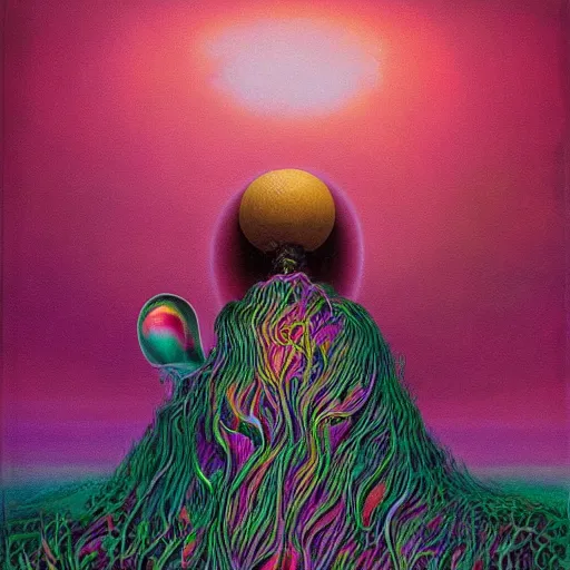 Image similar to zdzisław beksiński and Lisa Frank collaboration