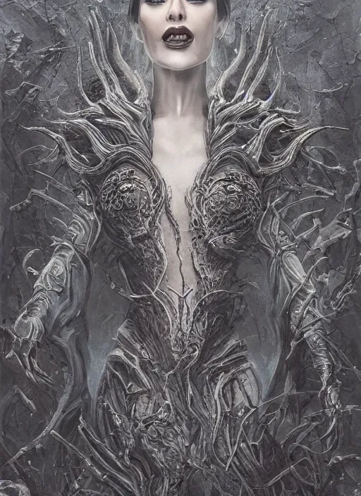 Image similar to a detailed full body portrait of frozen in stone black haired demon girl knelling in a highly detailed architecture, the queen of blades, diablo 4 queen, a beautiful face, by dorian cleavenger, greg rutkowski, wlop, astri lohne, zdzisław beksinski, bastien lecouffe - deharme trending on artstation