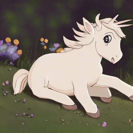 Prompt: Baby unicorn lying in the hand, GHIBLI, realistic style