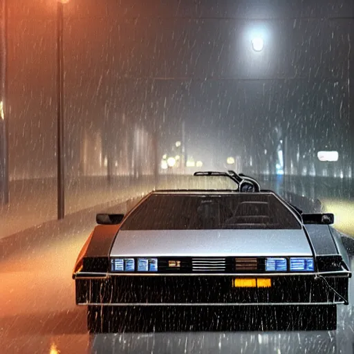 Image similar to hyperdetailed, photorealistic photograph of a dmc 1 2 delorean driving in the streets, rain, night, dense fog, hd, unreal engine 5