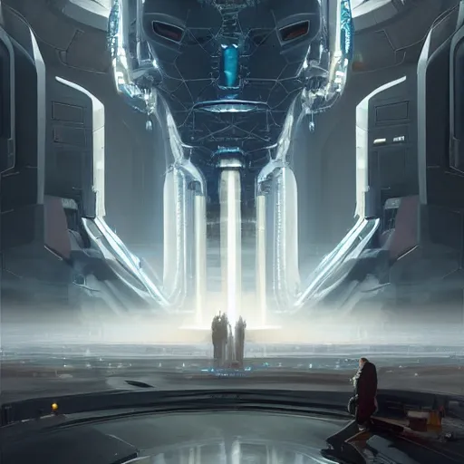 Prompt: professional painting of monumental conscious supercomputer with huge - cybernetic - face!!!! in the center of endless colossal room talking with small people, trending on artstation, cyberpunk, sci - fi, futuristic, by greg rutkowski and maciej kuciara, high quality