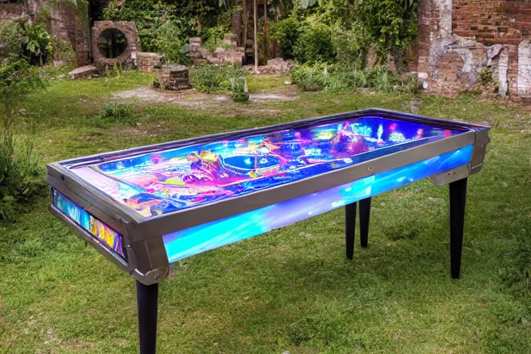 Prompt: hologram al fresco pinball table in the garden ruins, fantasy street urchins gathered round