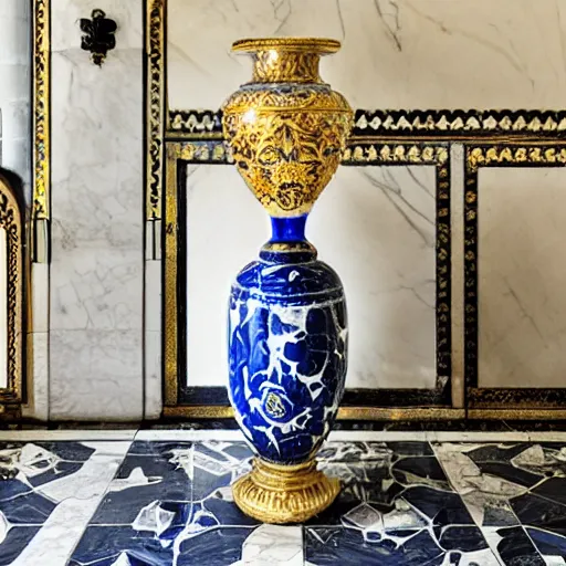 Prompt: An ornate baroque vase breaking on the marble tile floor, exploding into dust, dark-blue light-blue gold silver white black