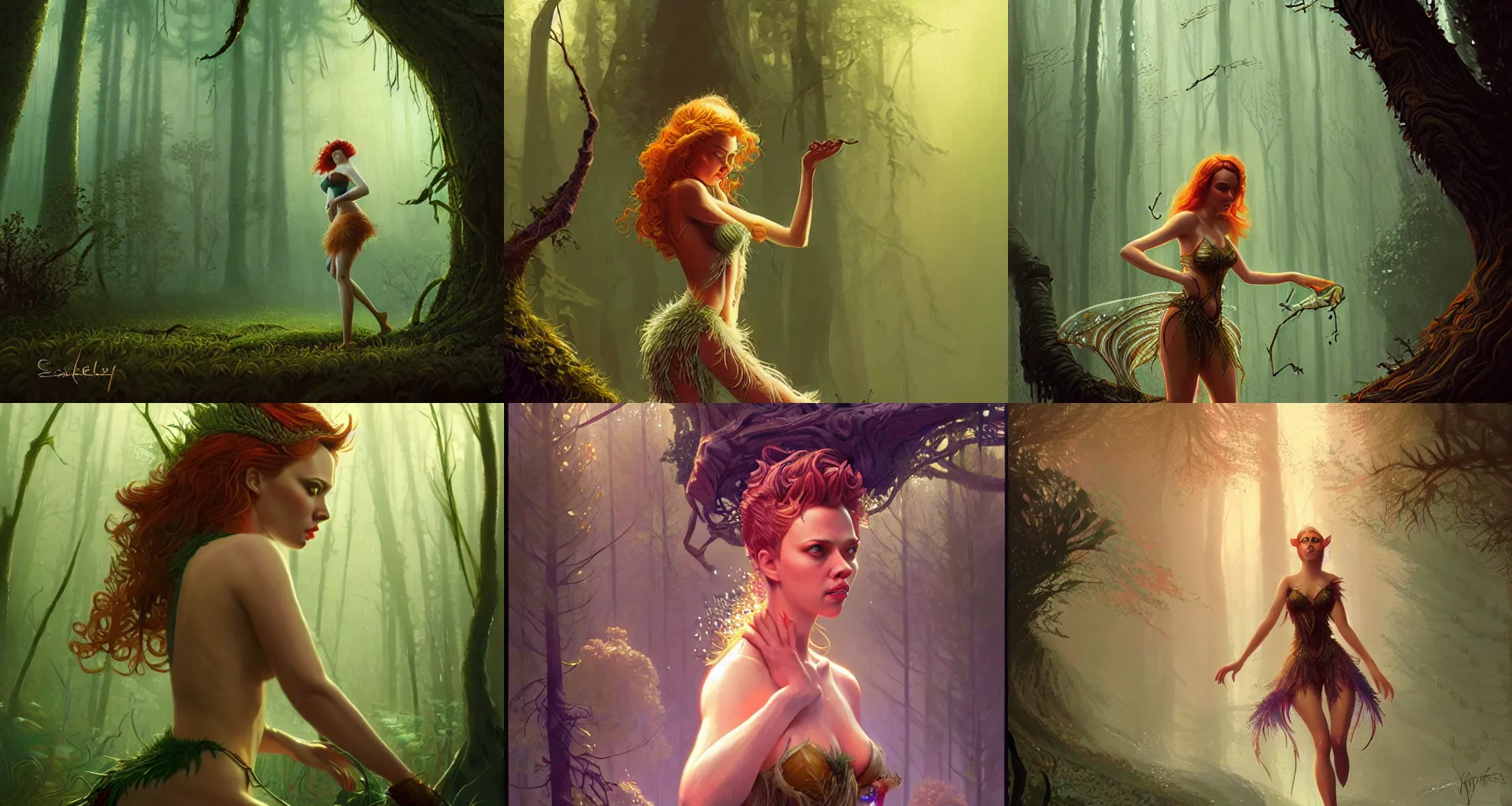 Prompt: Scarlett Johannson as magic fey siren, majestic forest grove, Ultra realistic illustration, intricate, highly detailed, digital painting, artstation, concept art, smooth, sharp focus, art by Ian McQue