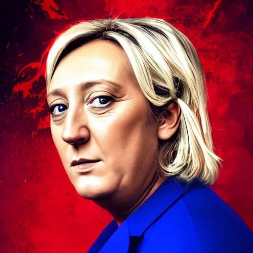 Image similar to Portrait of Marine Le Pen, french flag, amazing splashscreen artwork, splash art, head slightly tilted, natural light, elegant, intricate, fantasy, atmospheric lighting, cinematic, matte painting