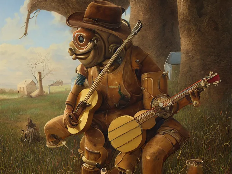 Image similar to painting of a country bumpkin robot playing a banjo, straw in his mouth, style of peter mohrbacher, high detail, hyper realistic, 8 k