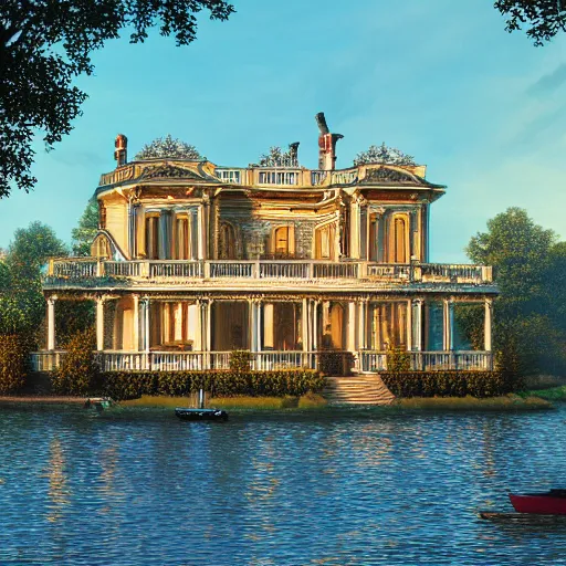 Image similar to a modern country house on the lake, golden hour, spotlight, backlight, sunlight, volumetric light, ray tracing reflections, insanely detailed and intricate, hypermaximalist, elegant, ornate, hyper realistic, super detailed