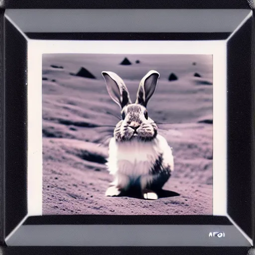 Image similar to wide shot, Polaroid photo of a bunny on the moon, high contrast, 8k, realistic, rich colors