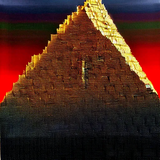 Image similar to a mountain made out of computer screens that display bitcoin logos, cinematic, post apocalyptic landscape, harsh contrast lighting, in the style of photorealism, made by richard estes robert cottingham gerhard richter robert longo ellen altfest