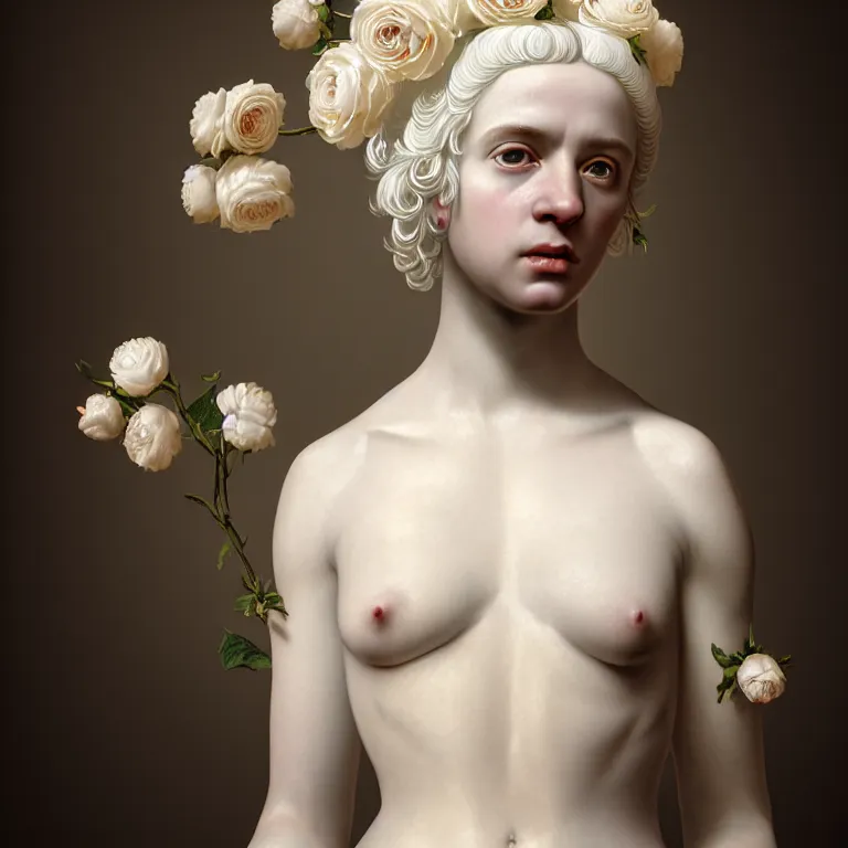 Prompt: neoclassical art closed detailed portrait of a wonderful sweet expressive symmetrical albino goddess dressed with a majestic semi transparent silk roses long dress, ornate, intricate, detailed, dramatic light, rembrandt style, gregory crewdson light, octane render