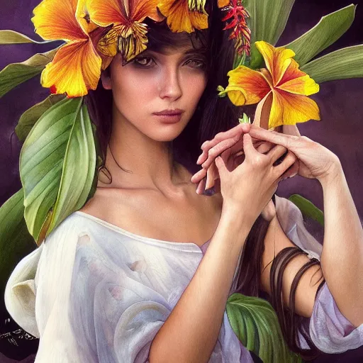 Image similar to Tropical Flowers, Watercolor, photorealistic, high resolution, award winning, trending on artstation, olive skin, long dark hair, beautiful bone structure, intricate, elegant, highly detailed, digital painting, artstation, concept art, smooth, sharp focus, illustration, art by artgerm and greg rutkowski and alphonse mucha