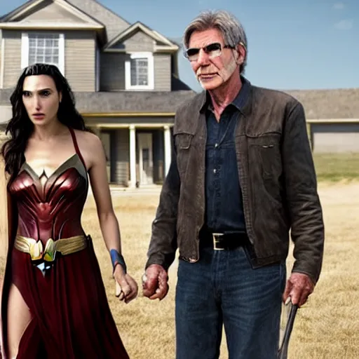 Image similar to gal gadot and harrison ford as the couple in the painting american gothic 4 k photorealism hd