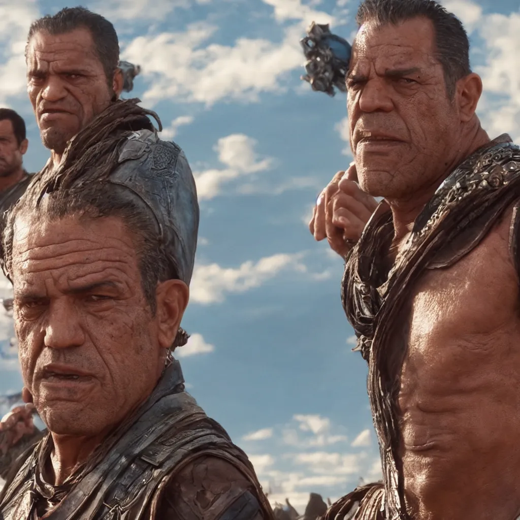 Image similar to Tuco Salamanca facing off against Thanos, epic 4K cinematic shot