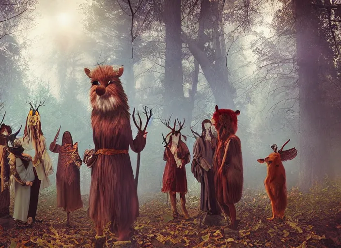 Image similar to forest pagan ritual with people with animal masks by andrews, esao, digital art