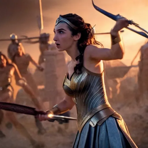 Prompt: the greek goddess athena in battle, scene from live action movie, starring gal gadot