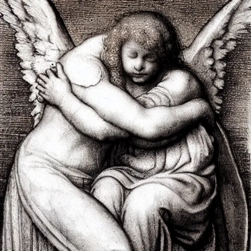 Prompt: Cain and able reunited in heaven as angels hugging,medium shot, by Leonardo DaVinci
