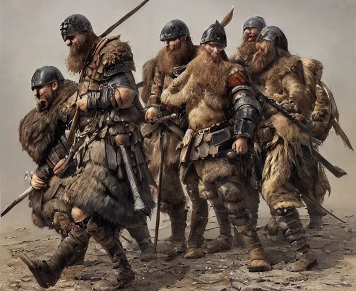 Image similar to a small garrison of barbarian men dressing for battle, art by denys tsiperko and bogdan rezunenko, hyperrealism