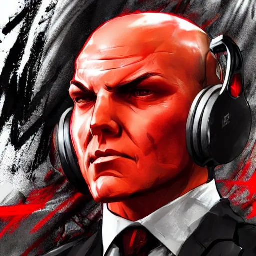 Image similar to a portrait of agent 4 7 from hitman wearing headphones, dark background, red rim light, digital art, artstation, art by yoji shinkawa