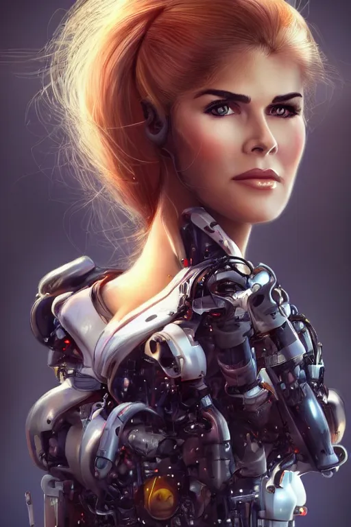 Image similar to mix of beautiful young maria shriver, mariel hemmingway, brooke shields, nicole kidman and elle macpherson as a cyborg terminator, thin lips, hair tied up in a pony tail, dark blonde hair, colorful, artstation, cgsociety