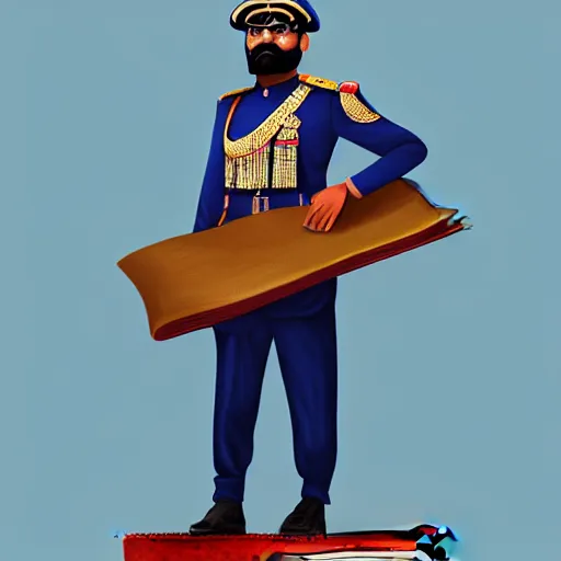 Image similar to a painting of an indian cop in khakhi uniform, an indian man in formal wear and a rugged indian bearded man standing on top of a book, detailed digital art, hyperrealistic, trending on artstation