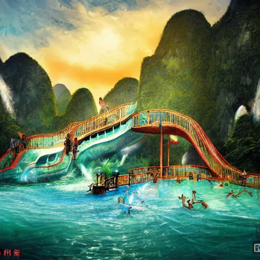 Prompt: wulingyuan halong bay mountains waterpark china vietnam waterslides painting by brain froud, charles vess, cinematic lighting, epic composition, highly detailed