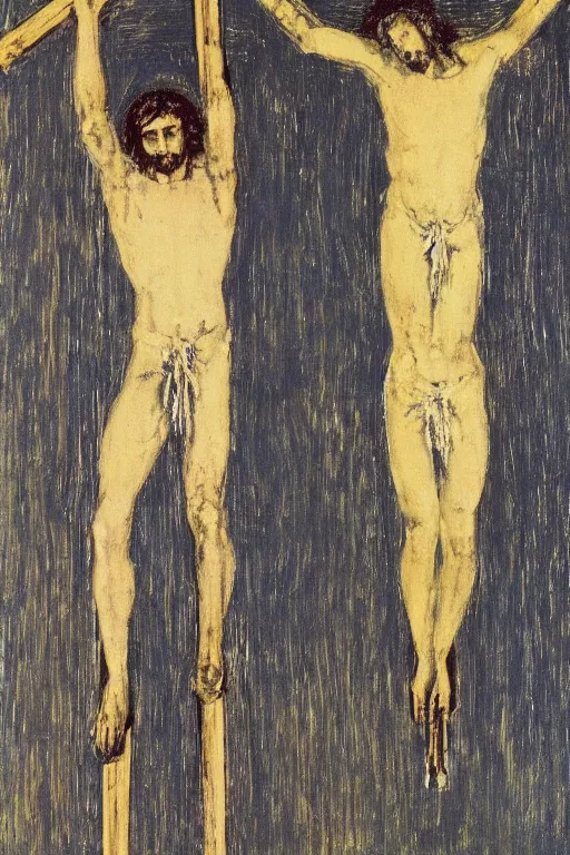 Prompt: light of god illuminating jesus christ crucified painted by cy twombly and andy warhol