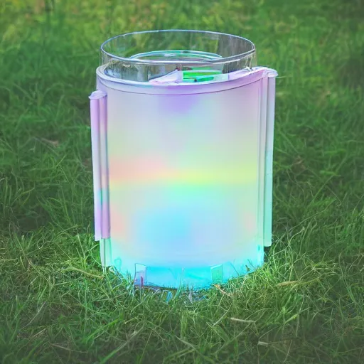 Image similar to a pastel coloured Polaroid photo of a drink caddy made of transparent iridescent perspex stood in a field, beams of light, nostalgic