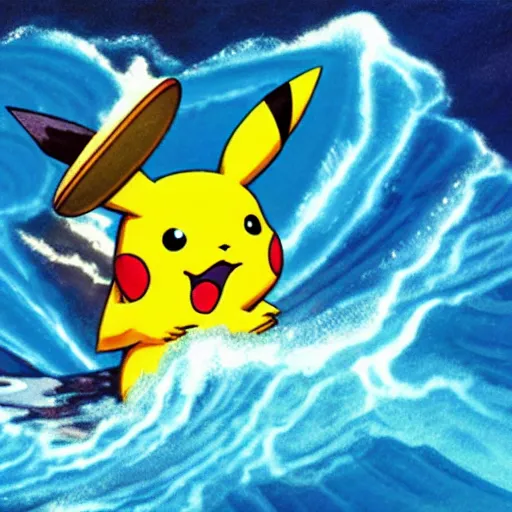 Image similar to Pikachu surfing blue crystalline waves