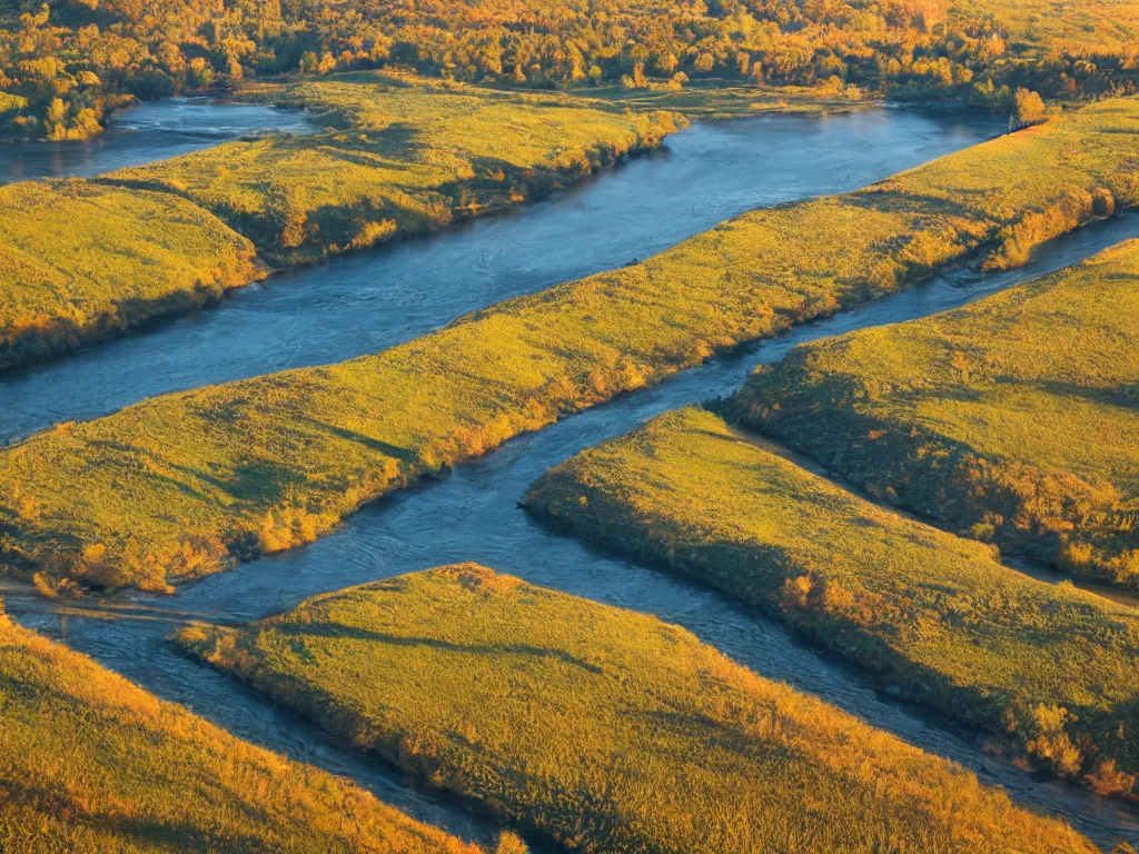 Image similar to photograph of a field by a dam and a river, new england, color, golden hour