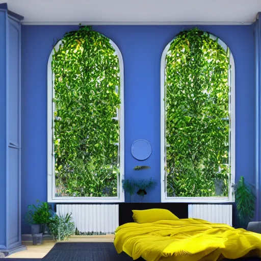 Image similar to a yellow moon shaped bed in a blue room, with plants in the windows of the room, 8 k, trending on artstation, hdr