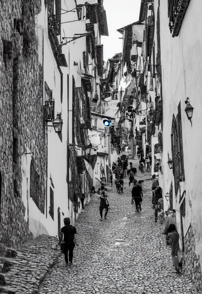 Image similar to ouro preto black and white barroc, photo close view of street with people walking