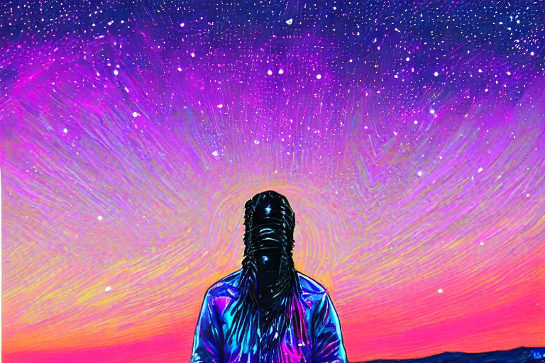 Image similar to digital art of a spiritual native american man looking up at the stars, acrylic art, universe, painting, pastel colors, synthwave, retro, cyberpunk,