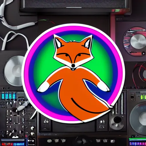 Image similar to svg sticker of a Dancing-Fox, at a rave, spinning records, giant headphones rocking out, wearing headphones, huge speakers, dancing, rave, DJ, spinning records, digital art, amazing composition, rule-of-thirds, award-winning, trending on artstation, featured on deviantart