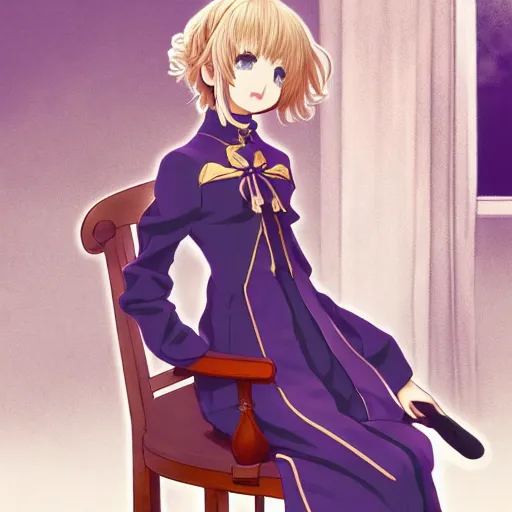 Image similar to a character portrait of violet evergarden, sitting down on a chair in a victorian home background, style of kyoto animations, trending on pixiv, anime, high detail, character accurate