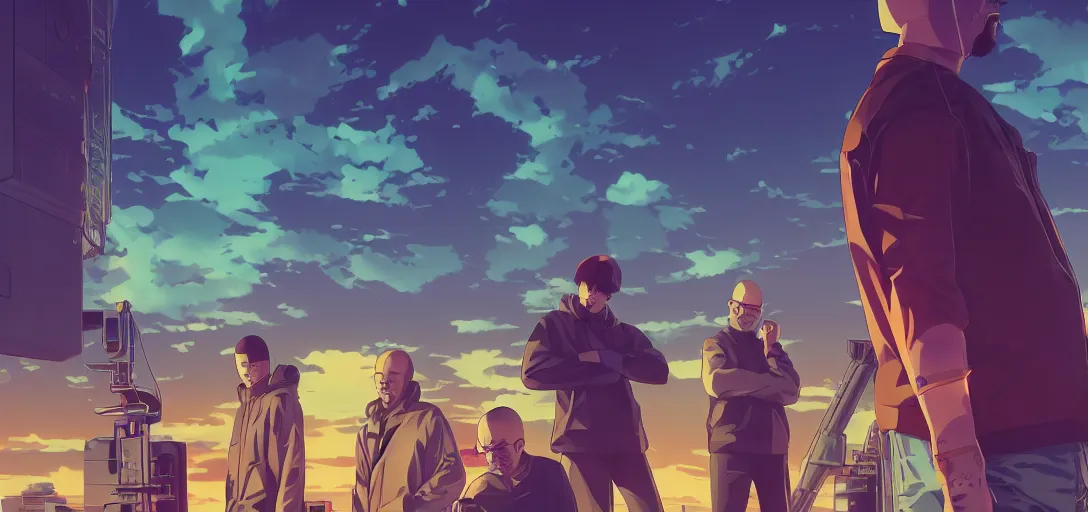 Image similar to Breaking Bad Anime Poster, flat color, synthwave, tokyo futuristic and clean, hyper realistic, straight lines 8k hdr pixiv dslr photo by Makoto Shinkai ilya kuvshinov and Wojtek Fus, digital art, concept art