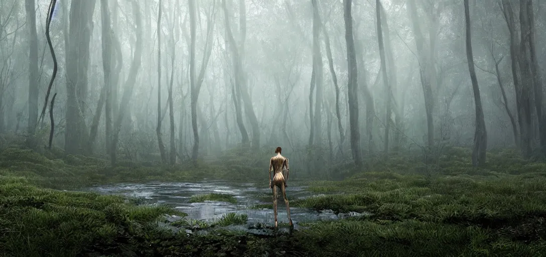 Image similar to a complex organic fractal 3 d metallic symbiotic ceramic humanoid megastructure emma watson in a swampy lush forest, foggy, cinematic shot, photo still from movie by denis villeneuve