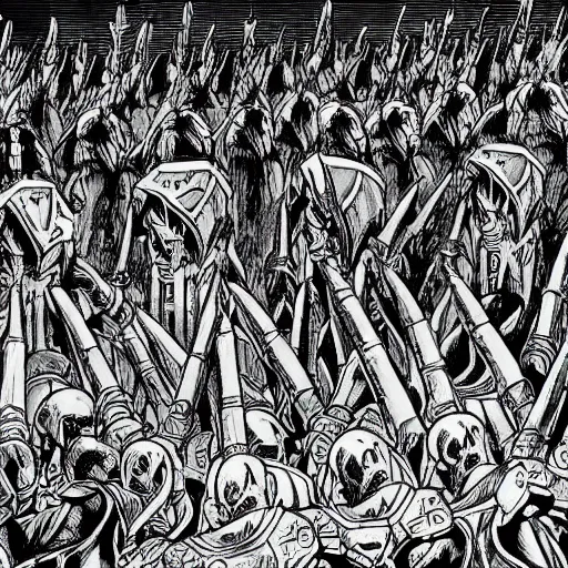 Image similar to pencil illustration. a billion psykers lined up to be sacrificed to the emperor.