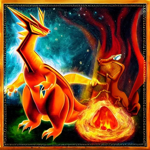 Prompt: charizard observes the the space - time continuum on a heroic dose of psilocybin, classical painting