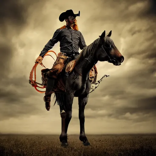 Image similar to cyborg horse with cowboy hat, post-apocalyptic background, portrait