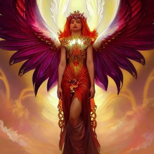 Image similar to a beautiful orchid phoenix angel woman, in an ornamented dress with large wings, rubies, volumetric light, god rays, highly detailed painting by greg rutkowski, artgerm, alphonse mucha