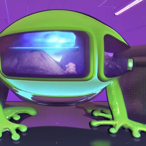 Image similar to frog sitting in the middle of spaceship ; hi - tech ; vaporwave ; unreal engine, wide angle