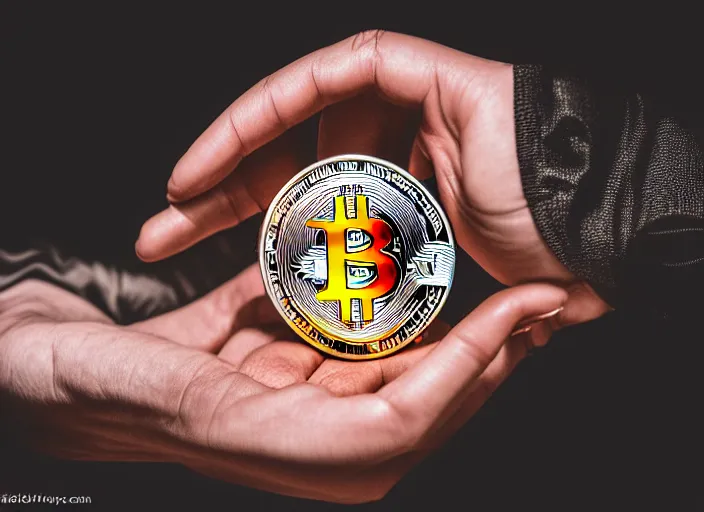 Image similar to mechanical cyberpunk hand holding a bitcoin between two fingers. centered. horror cyberpunk. highly detailed 8 k. intricate. nikon d 8 5 0 3 5 mm. award winning photography.