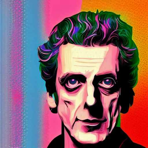 Image similar to a portrait of peter capaldi in retro colors, synthwave style, 2 d digital vector art