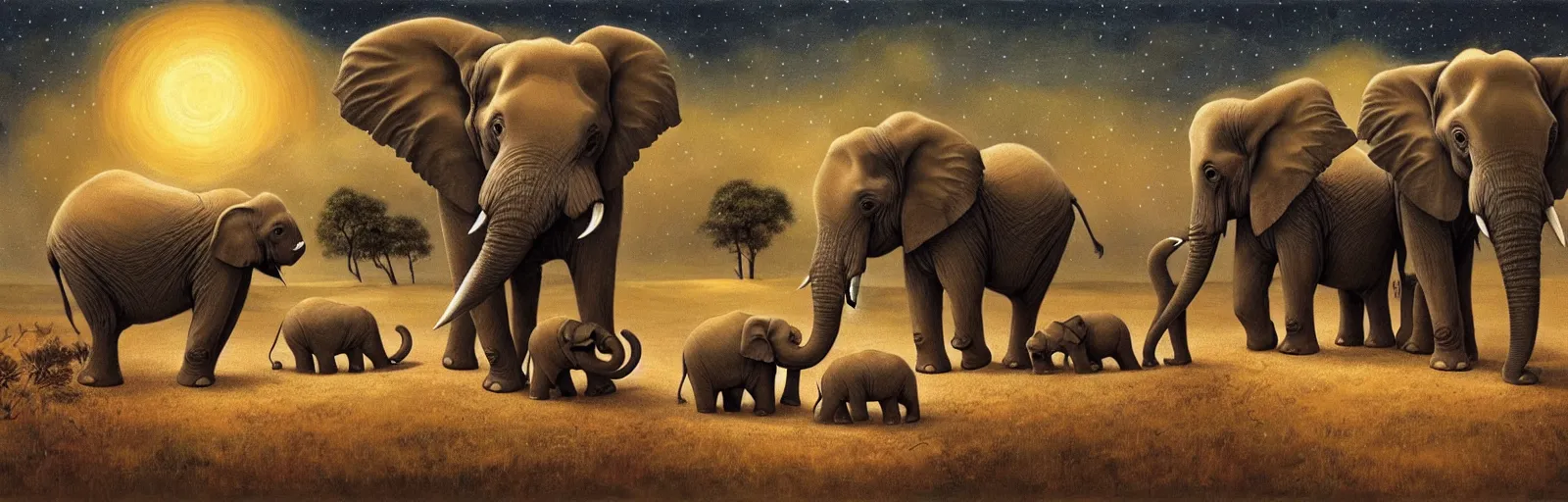 Image similar to two adult elephant and a baby elephant sleeping soundly under a starry sky surrounded by savannah, illustration, detailed, smooth, soft, warm, by Adolf Lachman, Shaun Tan, Surrealism
