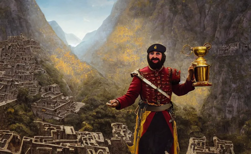 Image similar to smiling spanish conquer soldier francisco pizarro holding golden cup on a inca temple, wide view, high detailed, full perfect, symmetrical portrait, high detail, by craig mullins, peter mohrbacher, unreal engine, octane rendered, 8 k, dark beauty, trending on artstation