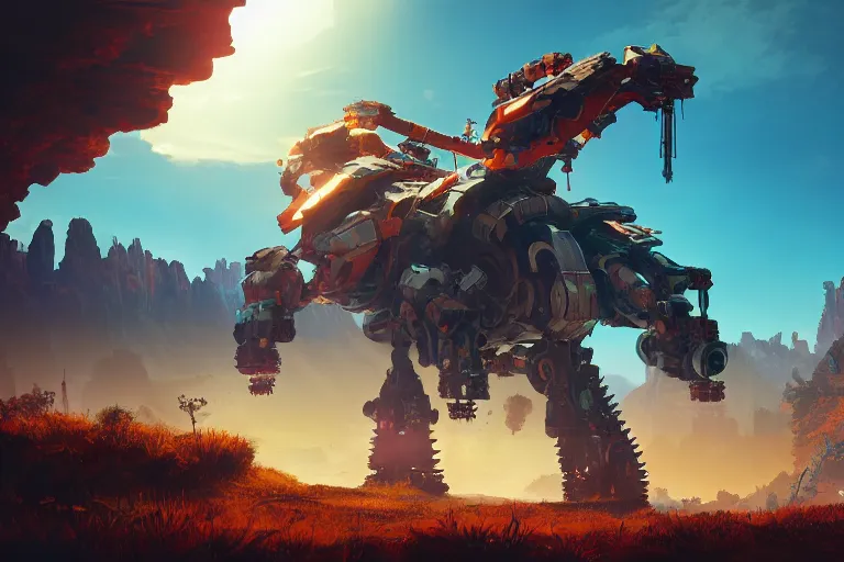 Image similar to scorcher machine mecanical creature robot of horizon forbidden west horizon zero dawn radiating a glowing aura global illumination ray tracing hdr fanart arstation by ian pesty and alena aenami artworks in 4 k