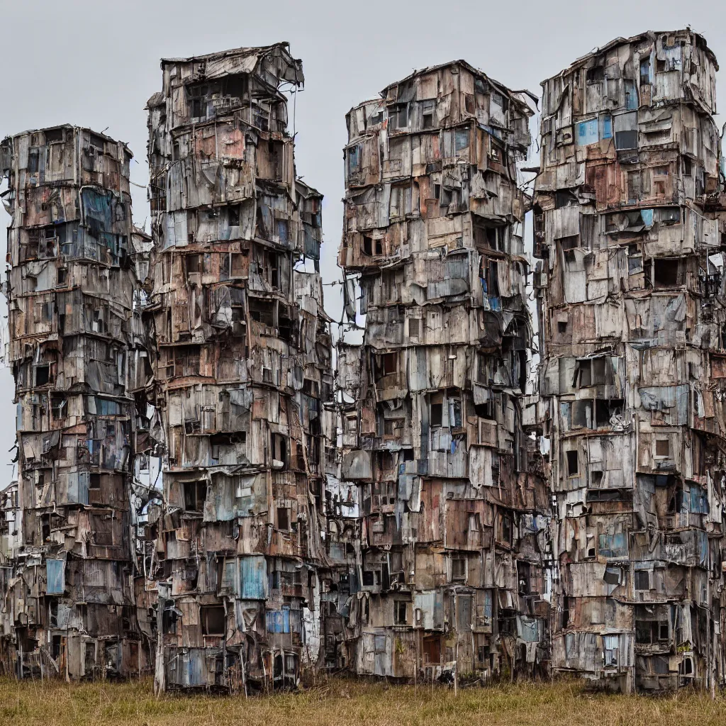 Image similar to three towers, made up of makeshift squatter shacks with faded colours, large vertical blank spaces, ultra detailed, dystopia, sony a 7 r 3, f 1 1, fully frontal view, photographed by jeanette hagglund