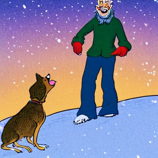 Image similar to a happy man petting a happy dog in the snow, illustration by dr. seuss