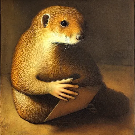 Prompt: rembrandt painting of a mongoose and a macbook